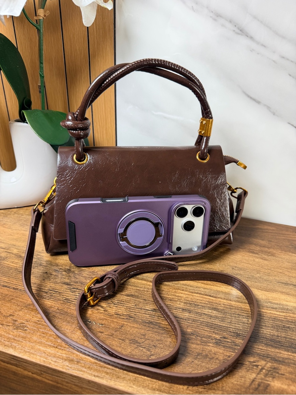 Brown Leather Top-Handle Crossbody Bag - Unbranded - Picture 8 of 8